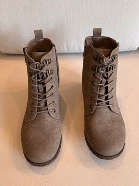 Market & Spruce Taupe Suede Lace-Up Ankle Boots.
